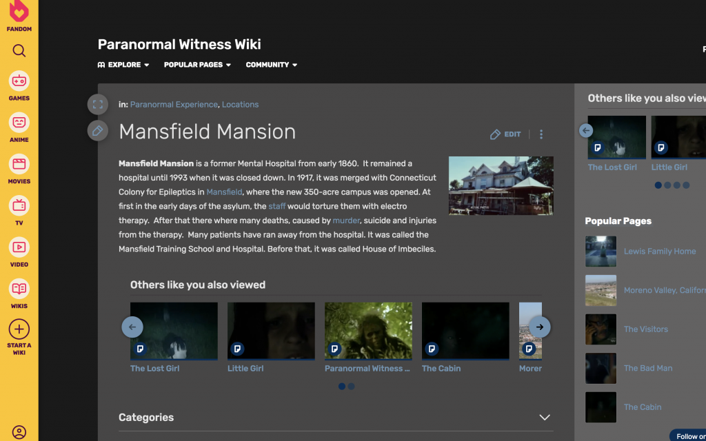Screenshot from the “Paranormal Witness” wiki fandom on Mansfield Training School
