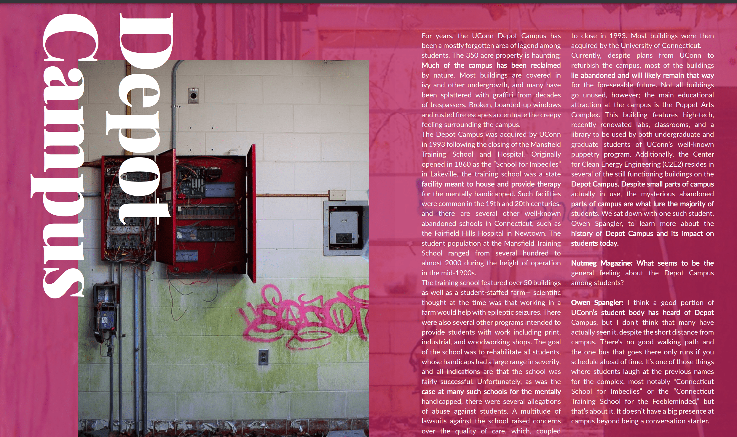 Article about the Depot Campus with a pink background and white text